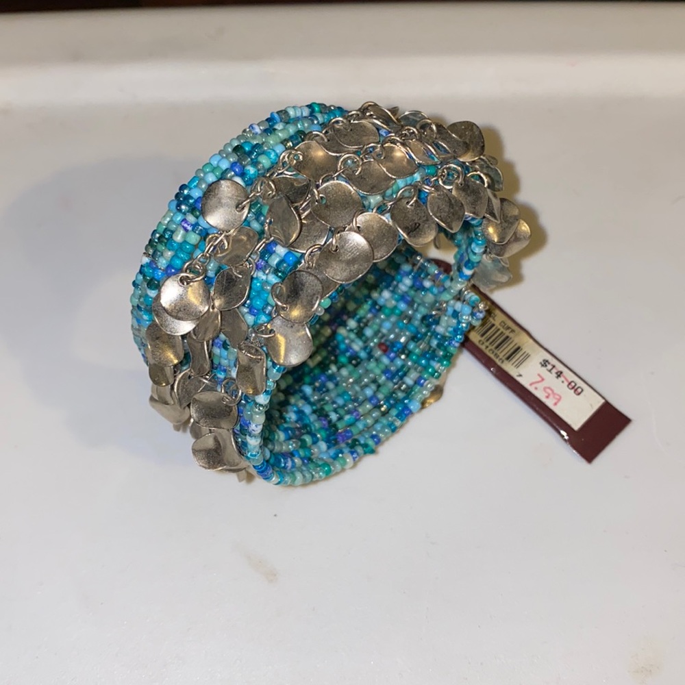 Blue and silver beaded cuff bracelet NWT